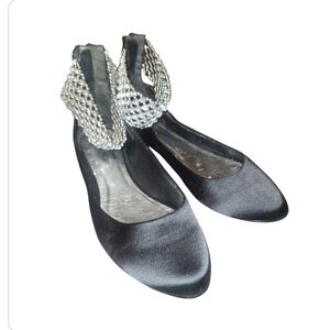 Ballet flats shoes size 10 By Blake Scott black satin with attached anklet EUC